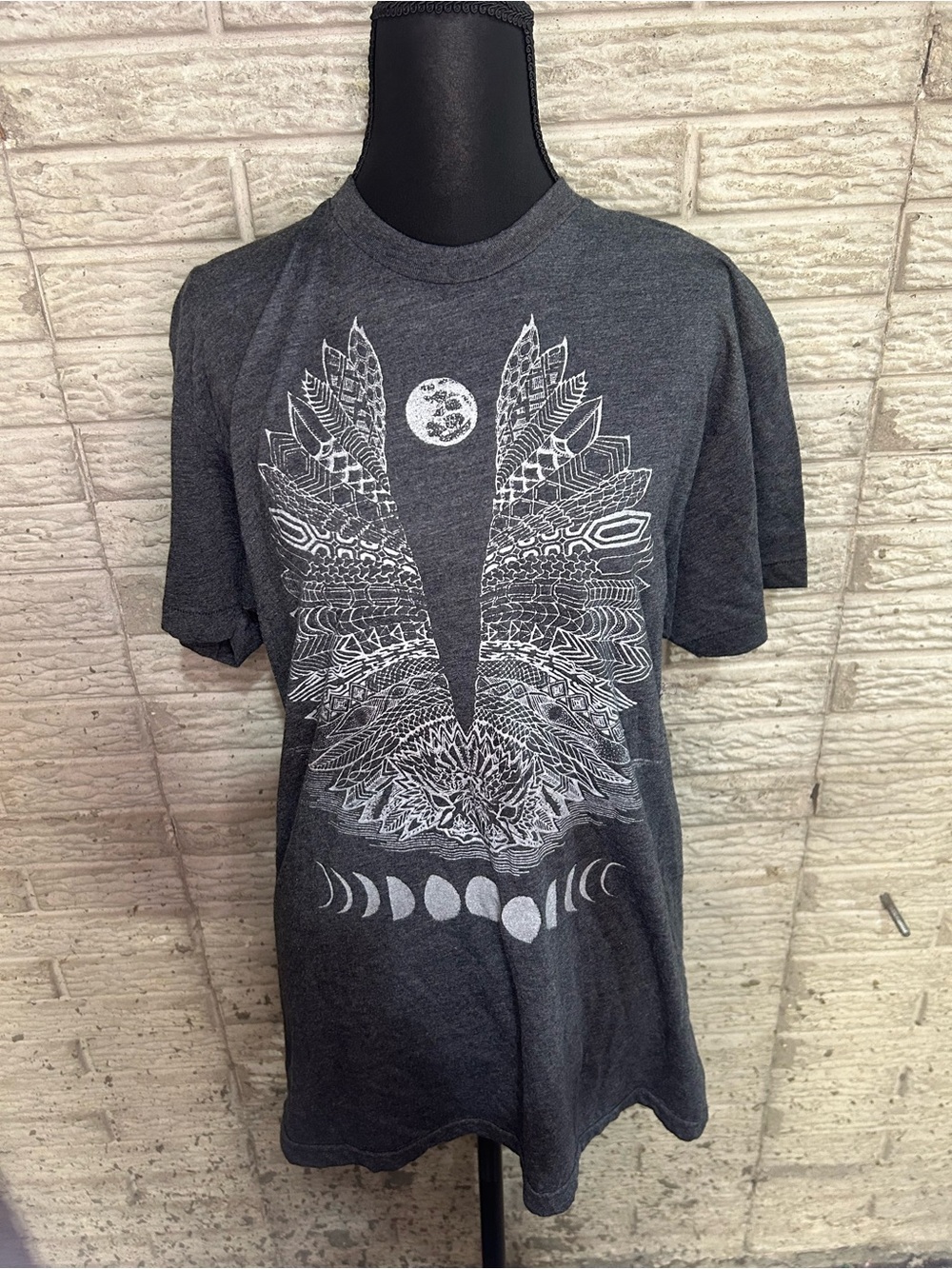American Apparel Charcoal Short-Sleeve Tee with White Feather & Moon Graphic
